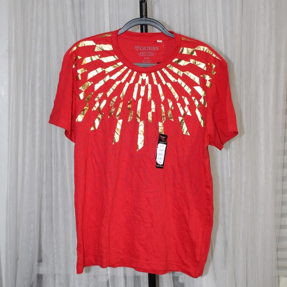 GUESS Red T-Shirt with Gold Foil Sunburst Design.  Sz. L - Picture 1 of 6